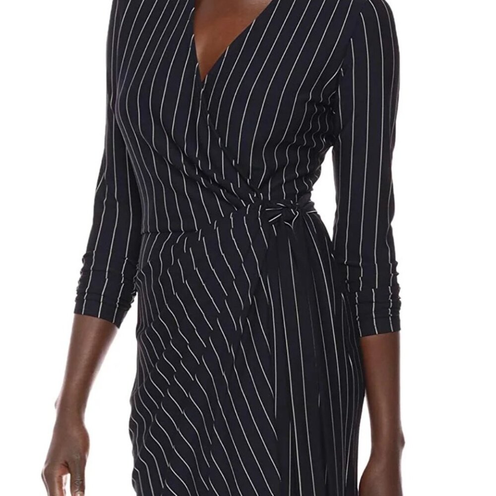 Lark & Ro | Navy Stripe Wrap Midi Dress Medium